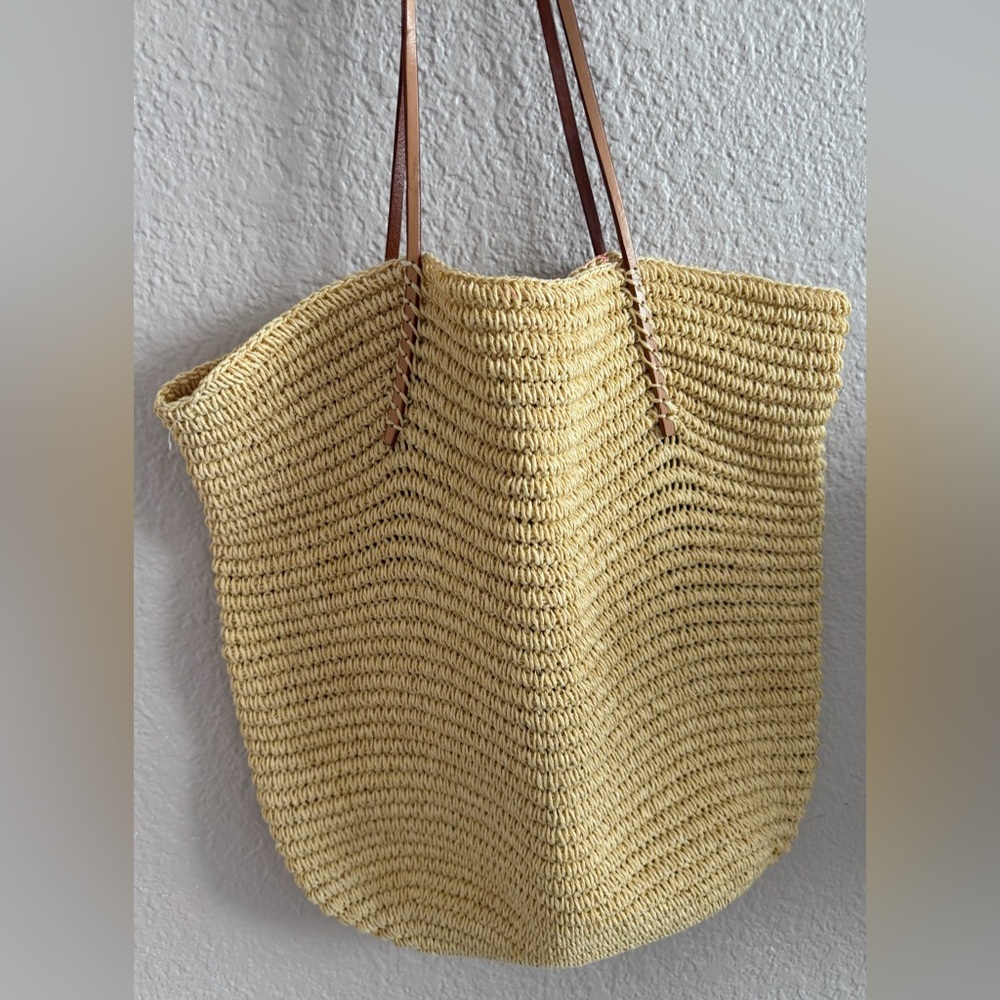 Bujubaja Woven Straw Tote Bag with Brown Leather Handles
